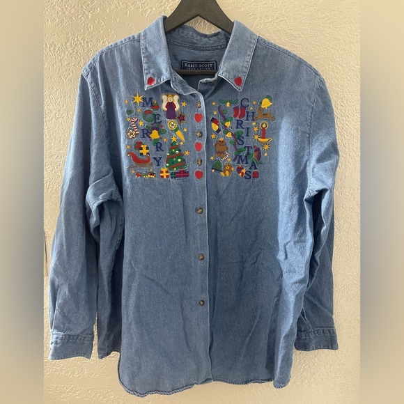 Karen Scott Tops - VTG Karen Scott 100% Cotton Denim Blue Christmas Festive Embroidered Shirt XL